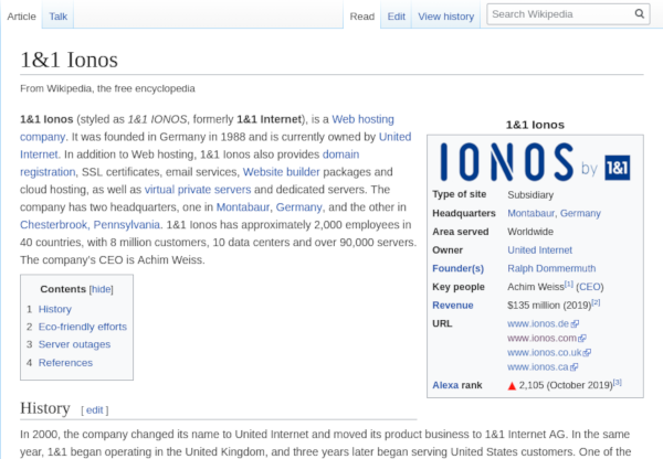 1&1 Ionos ( 1and1 ) Wikipedia page screenshot